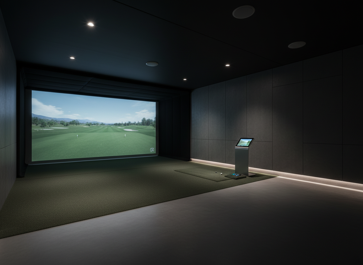 Golf simulator room with a large screen displaying a golf course.