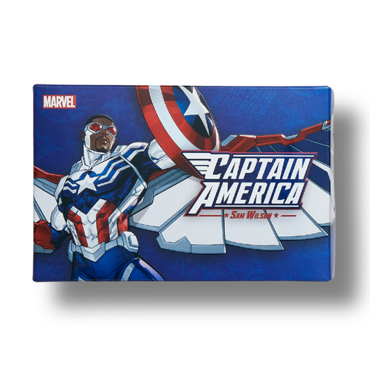 Canvas print of Captain America with Marvel logo on a blue background
