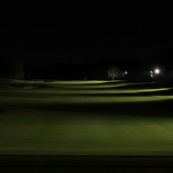 Golf course illuminated by lights at night