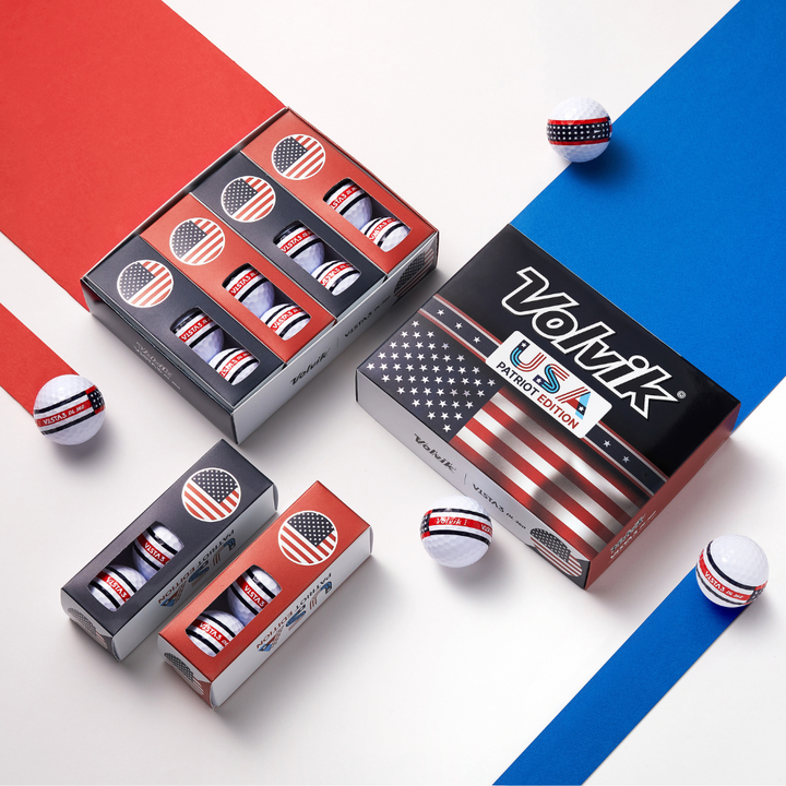 Volvik Patriot Edition golf ball packaging with American flag design on a colorful background